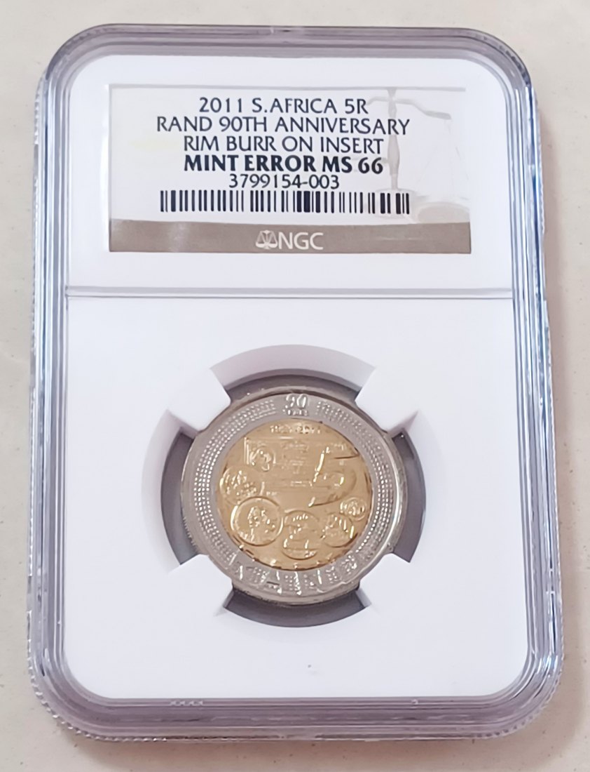 2011 South Africa 90TH Anniversary Rand Bimetallic Five Rand R5 NGC MS66 MINT ERROR RIM BURST