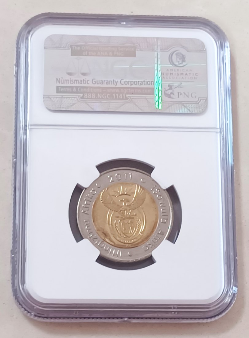  2011 South Africa 90TH Anniversary Rand Bimetallic Five Rand R5 NGC MS66 MINT ERROR RIM BURST   