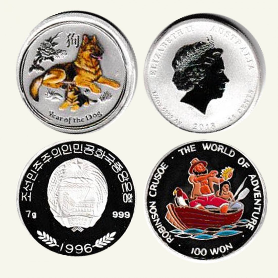  Lot 2 Silbermünzen *0,25$ Austalien und 100 Won Korea* 2018, 1996 *PP* coloriert 14,77g Feinsilber   