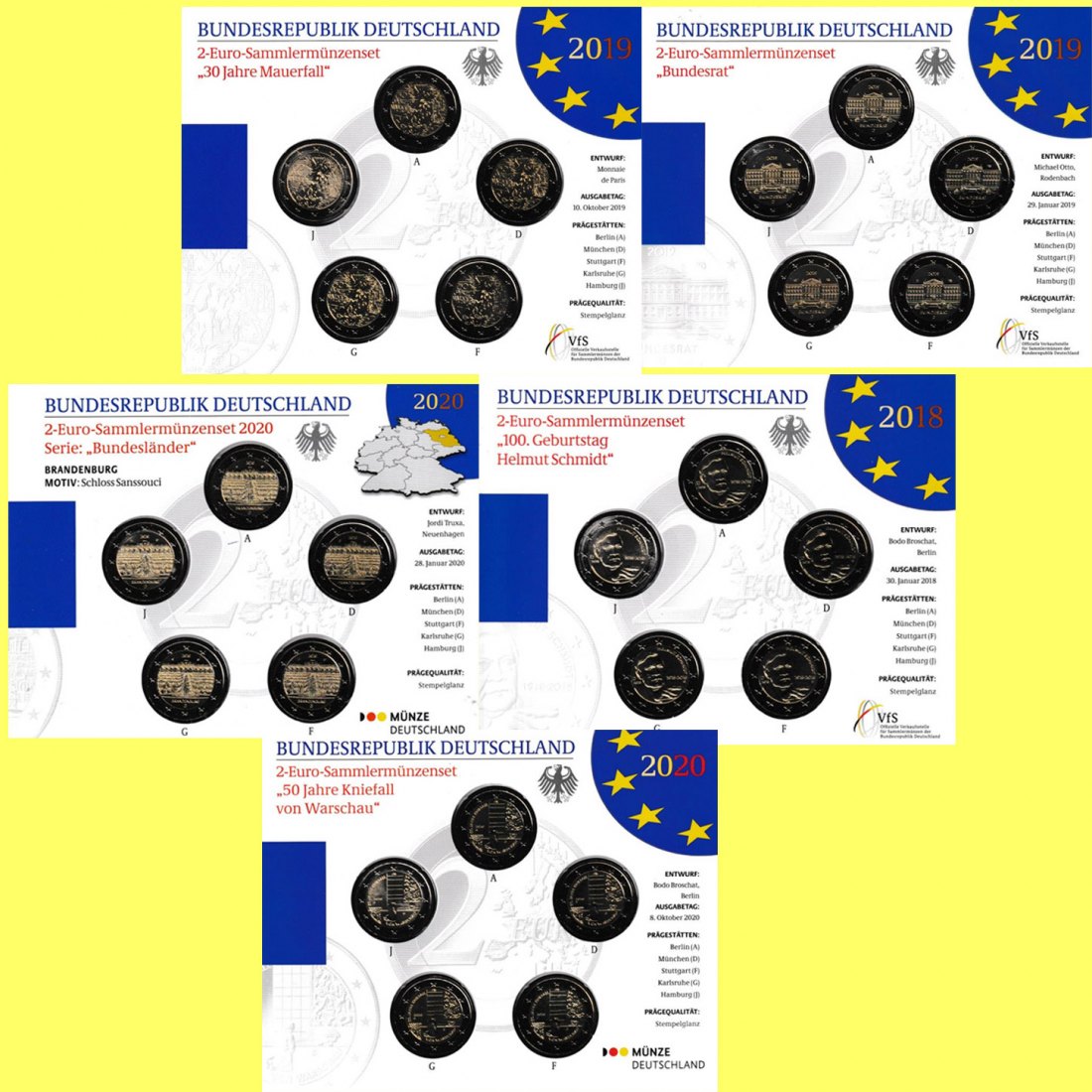  5x2€-Sondermünzenset BRD *Sanssousi, Warschau, H.Schmidt, Bundesrat, Mauerfall 2018-2020   