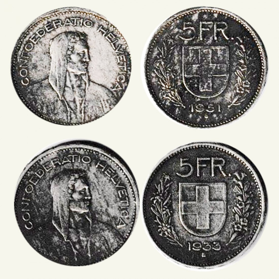  Offiz. 2 X 5-FR-Silbermünzen Schweiz 1933 und1 1951 25,05g Feinsilber   