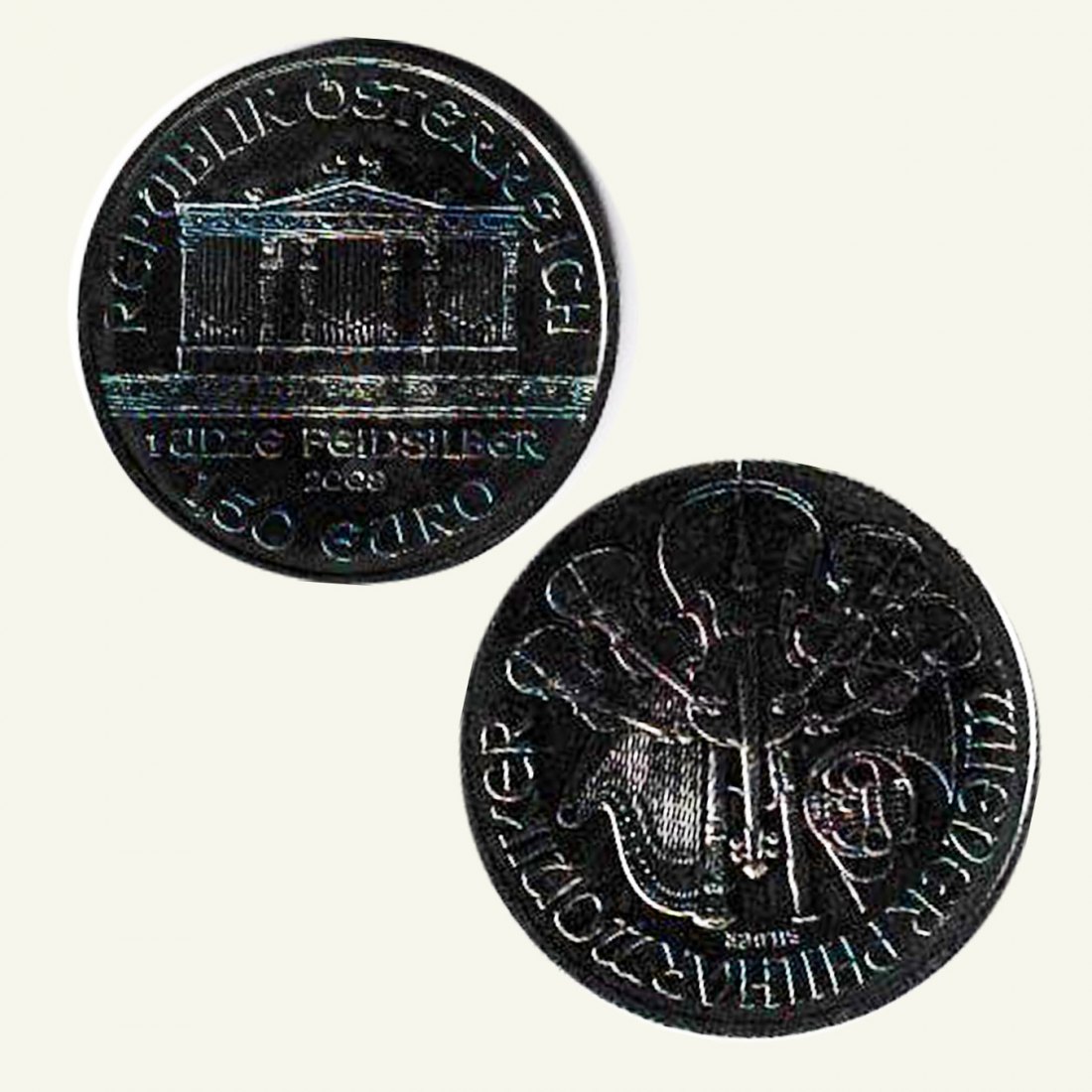 Österreich 1,5-Euro-Silbermünze *Wiener Philhamoniker* 2008 1oz Feinsilber angelaufen   