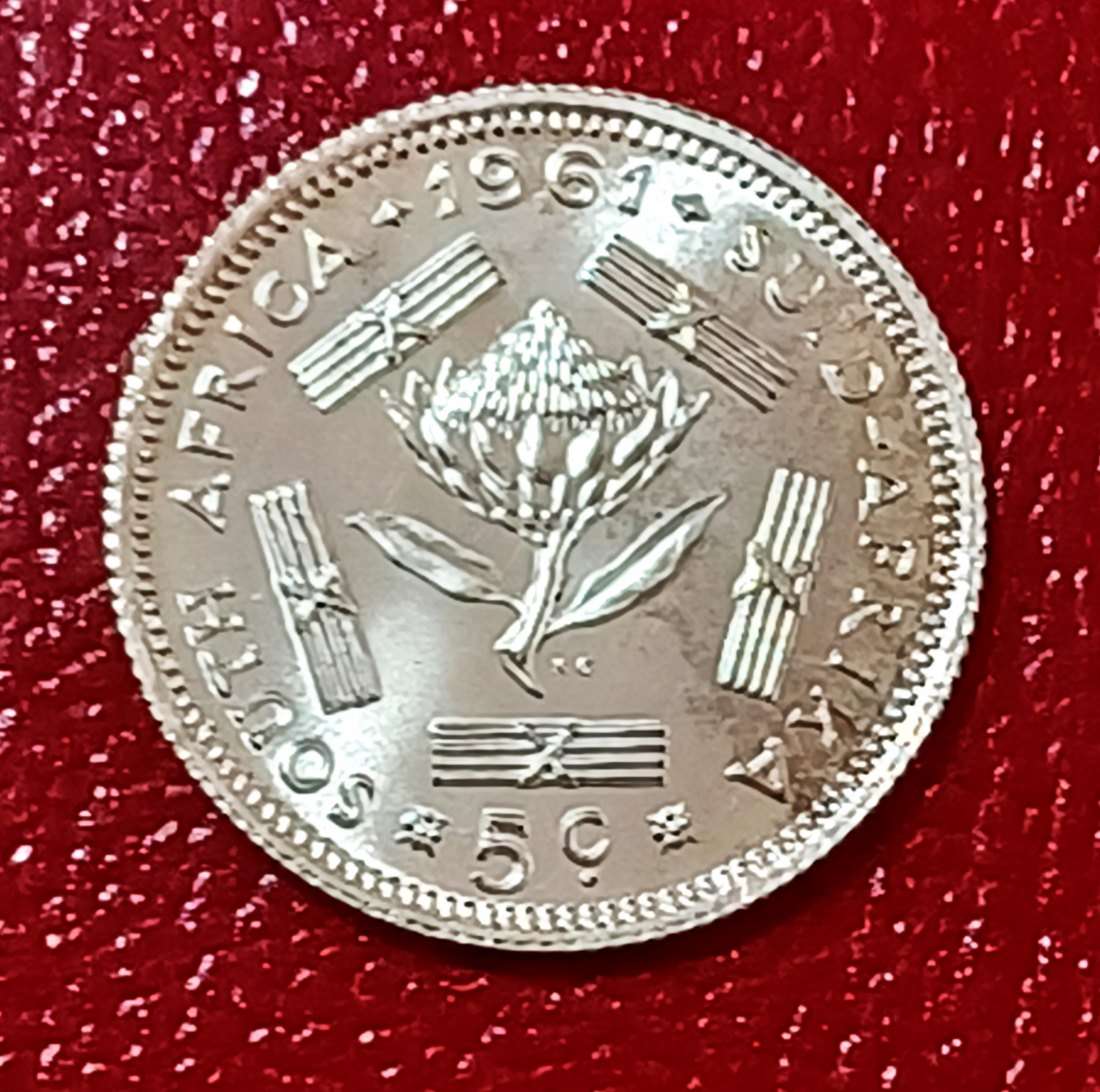 1961 South Africa PROOF Van Riebeeck Five Cent 5c MINTAGE 7,530 50% Silver