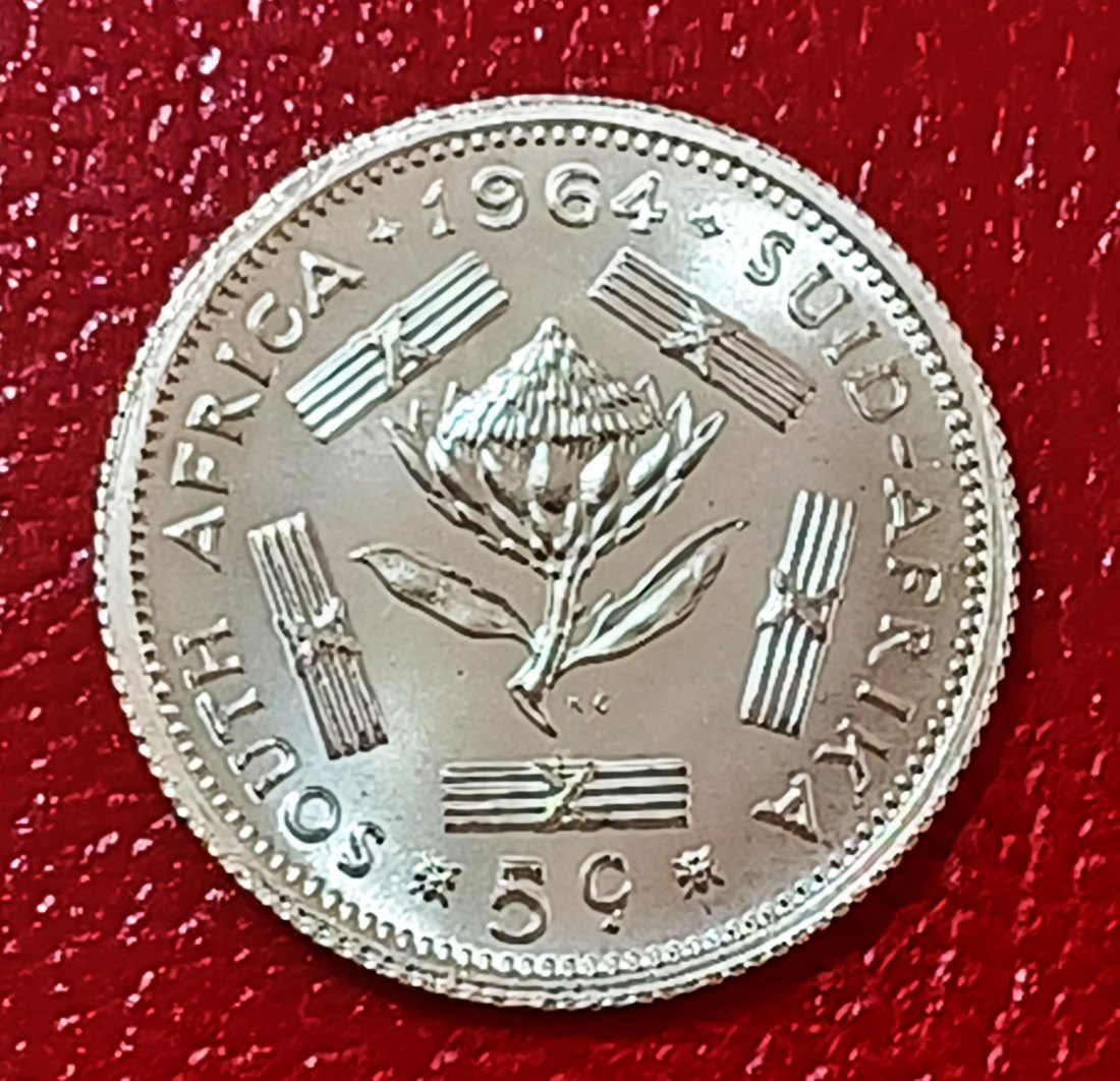 1964 South Africa PROOF Van Riebeeck Five Cent 5c MINTAGE 16,000 50% Silver