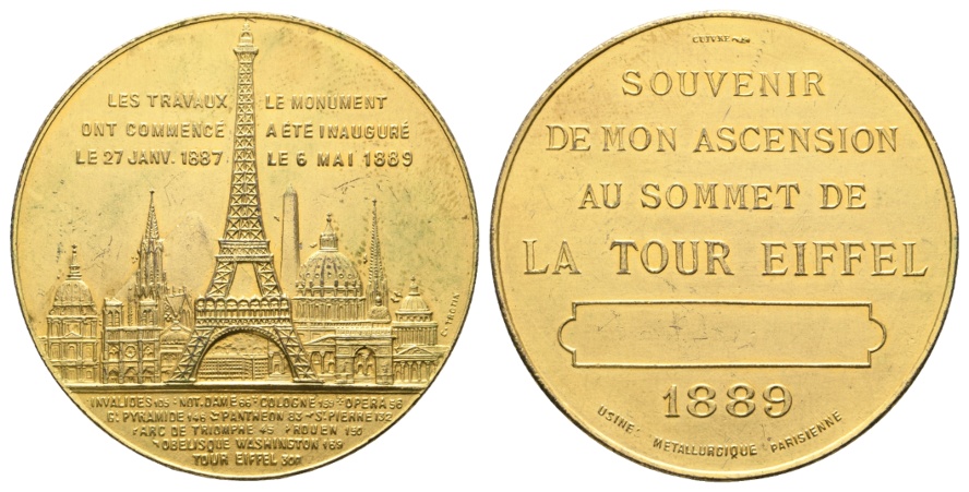  Medaille; Souvenir; Eifelturm Paris 1889; vergoldet; 41,75 g; Ø 43,0 mm   