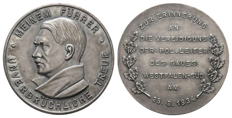  Medaille; Drittes Reich; Erinnerung  a.d. Vereidigung der Pol. Leiter; versilbert; 14,10 g; Ø 35 mm   