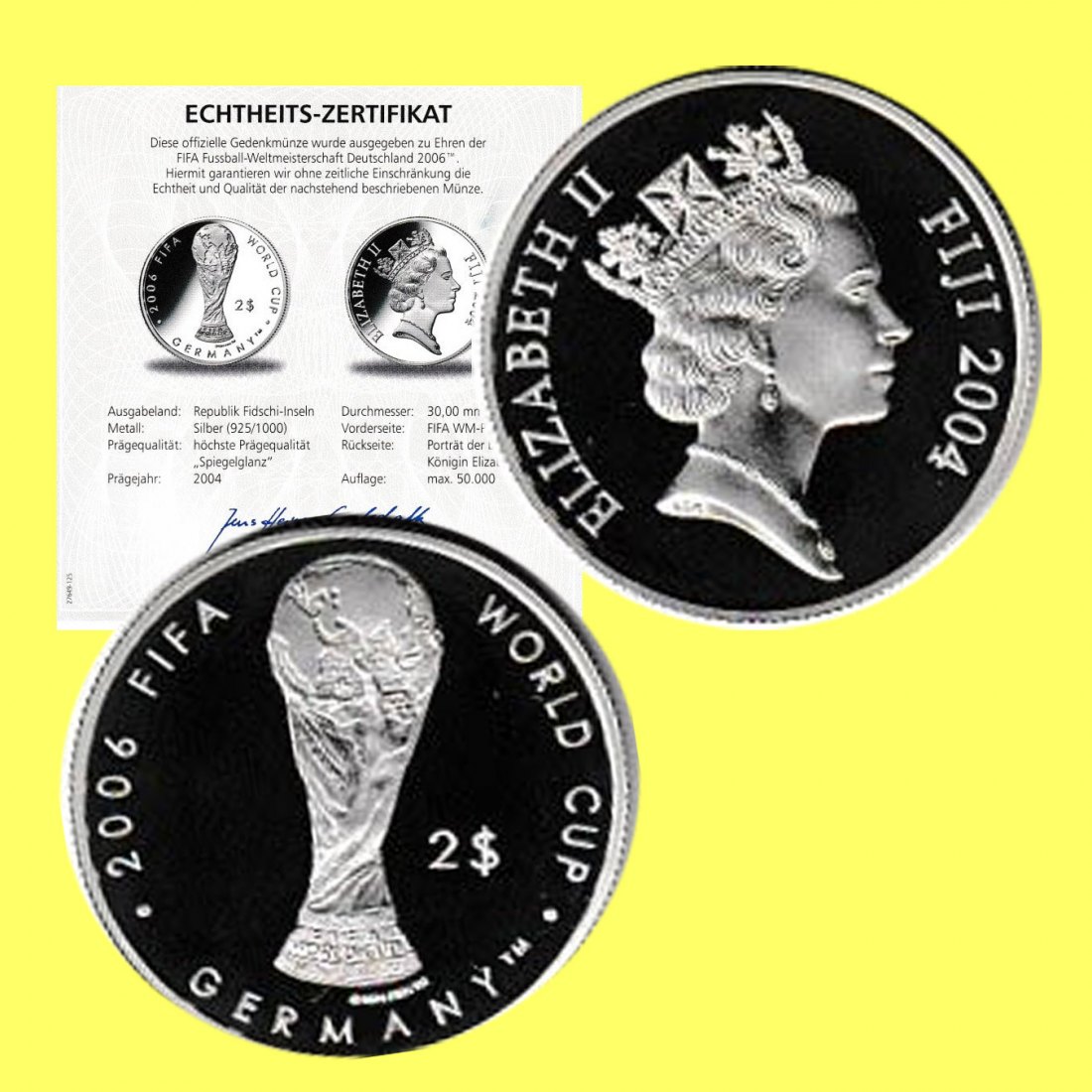  Fidschi 2-Dollar-Silbermünze *XVIII. Fußball-WM in 2006 in Deutschland* 2004 *PP*   