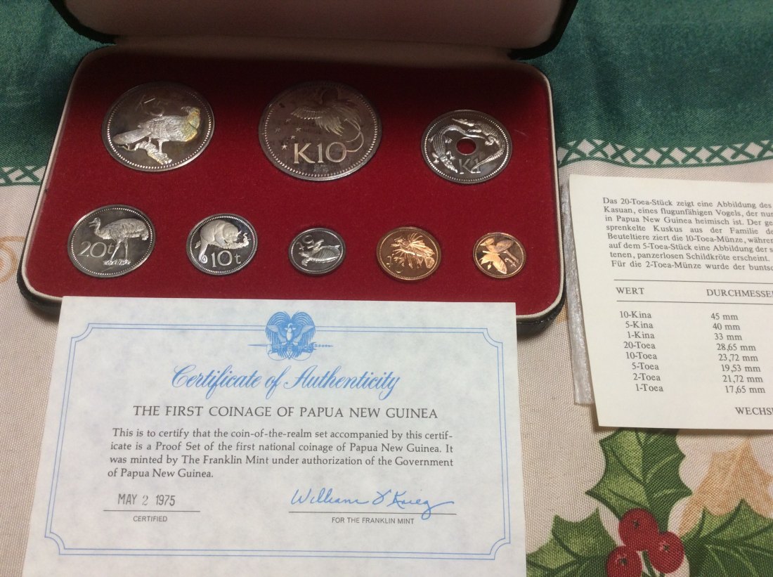  Papia Neu Guinea Proof Set 1975 Silber Feingewicht ca. 52g original mit Papieren in Box   
