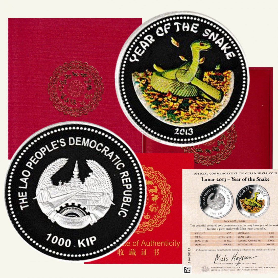  Laos 1.000-KIP-Silbermünze *Jahr der Schlange* 2013 *PP* 1oz Silber coloriert nur 8.888St!   