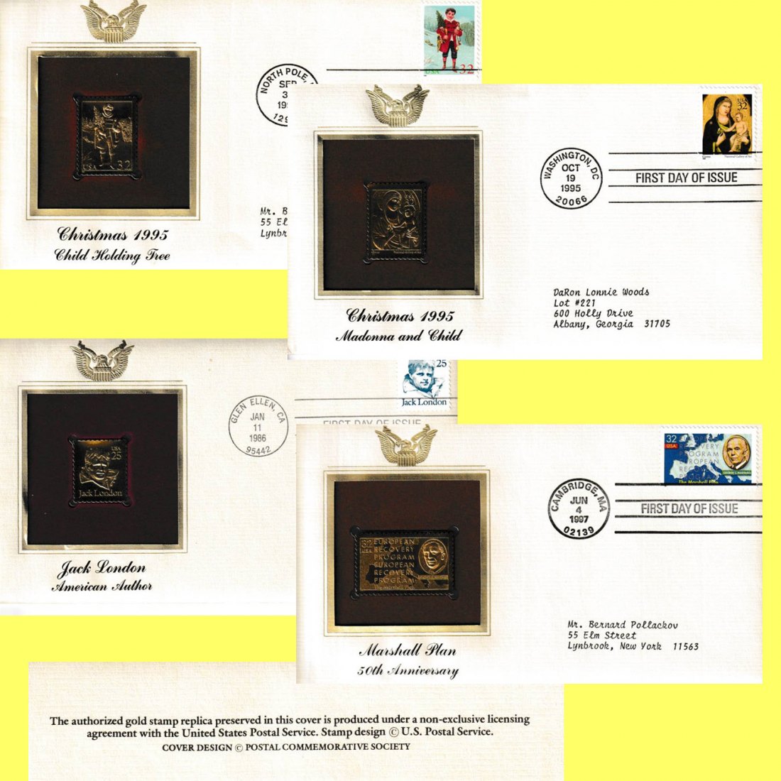  4 x Numisbriefe Amerika mit 24 Karat Goldbriefmarken 1986-1995   
