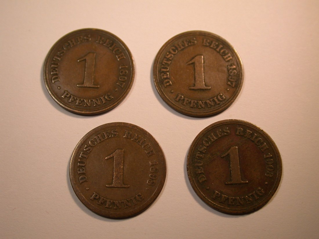J28 KR 4 x 1 Pfennig 1897 A+F, 1989 D, 1903 F verschieden Originalbilder