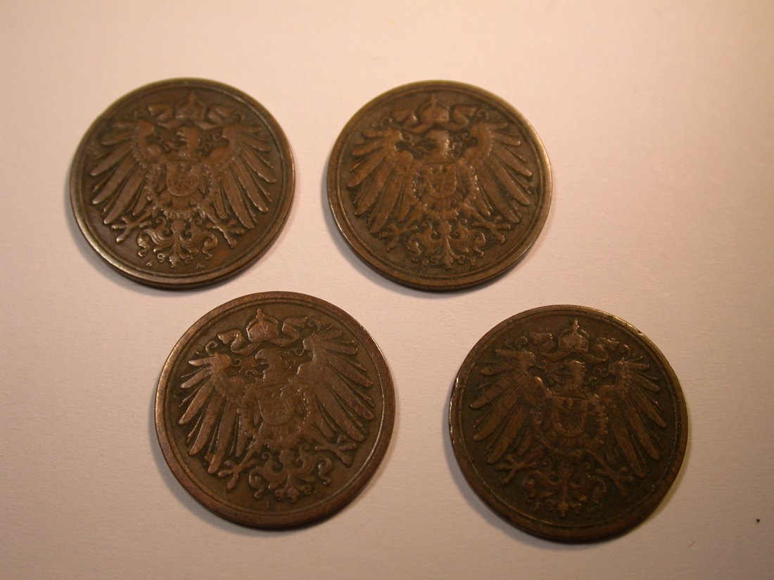  J28  KR  4 x 1 Pfennig 1897 A+F, 1989 D, 1903 F verschieden Originalbilder   