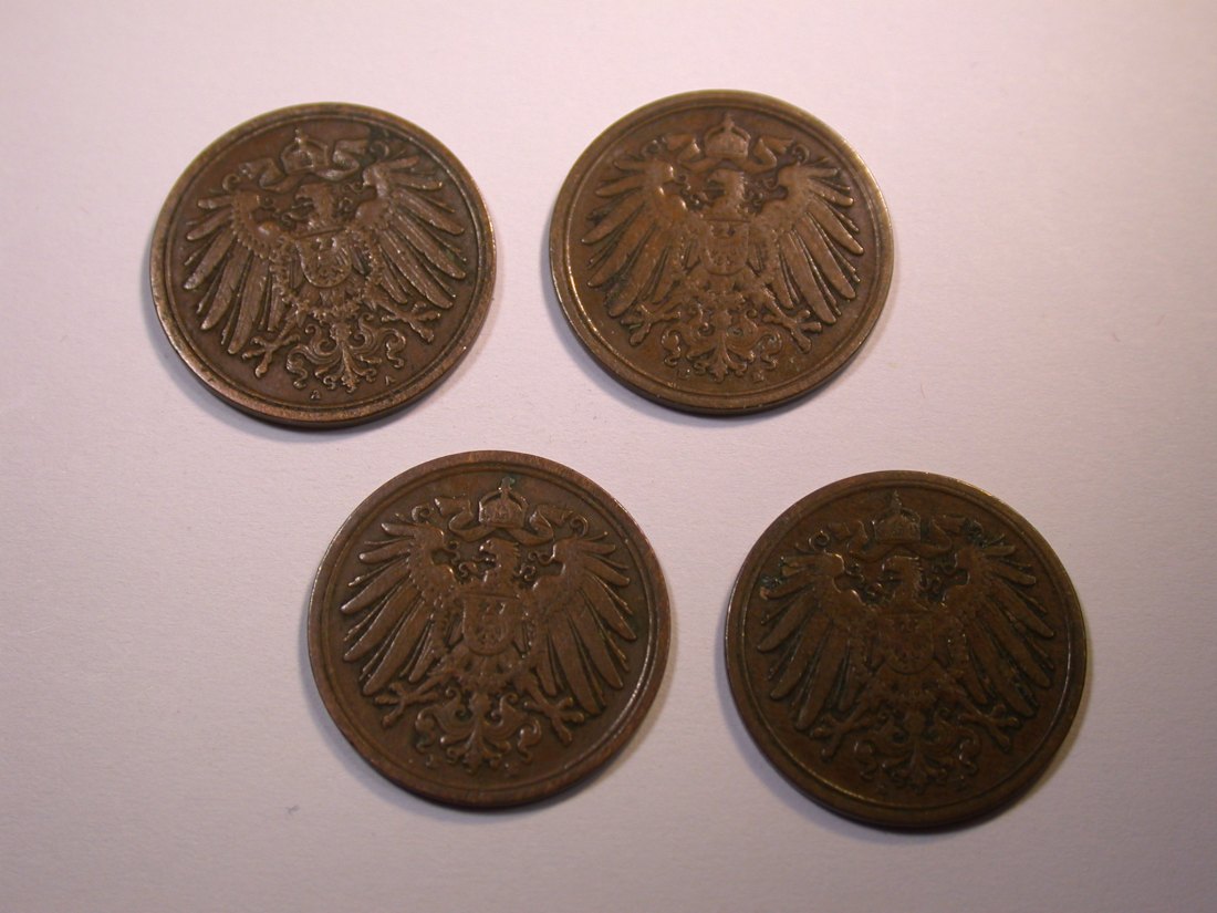  J28  KR  4 x 1 Pfennig 1900A,1905E,1906E,1907E verschieden Originalbilder   