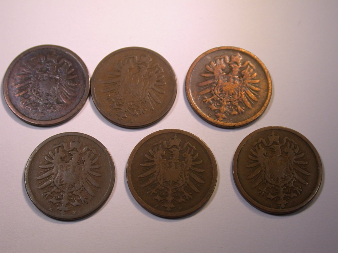 J28 KR 6 x 2 Pfennig 1876 A,B,C,E,F und G verschieden Originalbilder