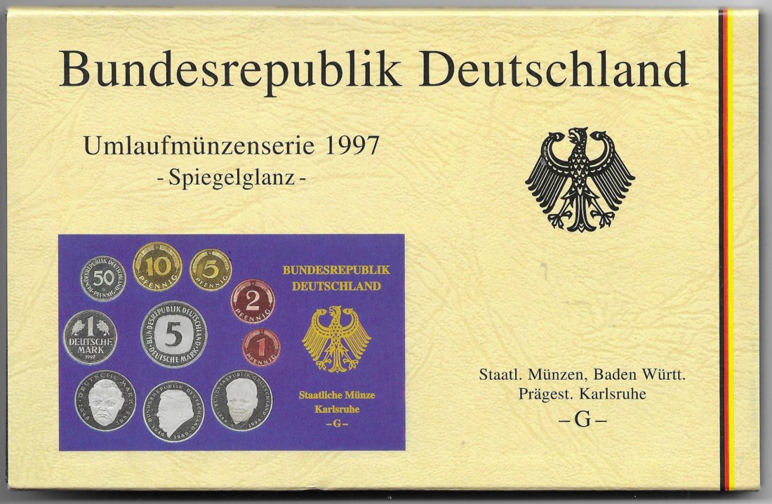  1997 G * Kursmünzensatz 1 bis 50 Pf und 1 bis 5 DM Polierte Platte PP, proof, absolut top   