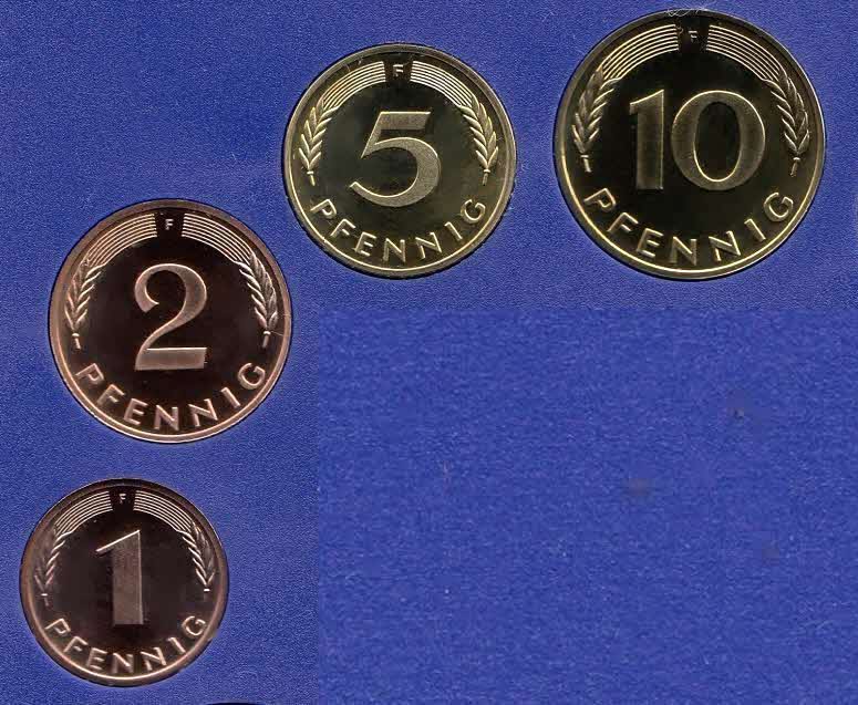  1996 F * 4 Münzen 1 bis 10 Pfennig DM-Währung Polierte Platte PP, proof topp   