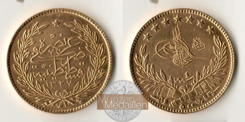 Türkei. Mehmed V., Sultan 1909-1918 MM-Frankfurt Feingewicht: 33,08g 500 Piaster 1912/1913 AH 1277/13 