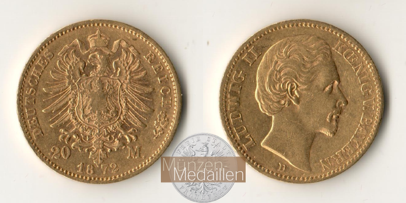 Bayern, Kaiserreich 20 Mark MM-Frankfurt Feingold: 7,17g Ludwig II. 1864-1886 1872 D 