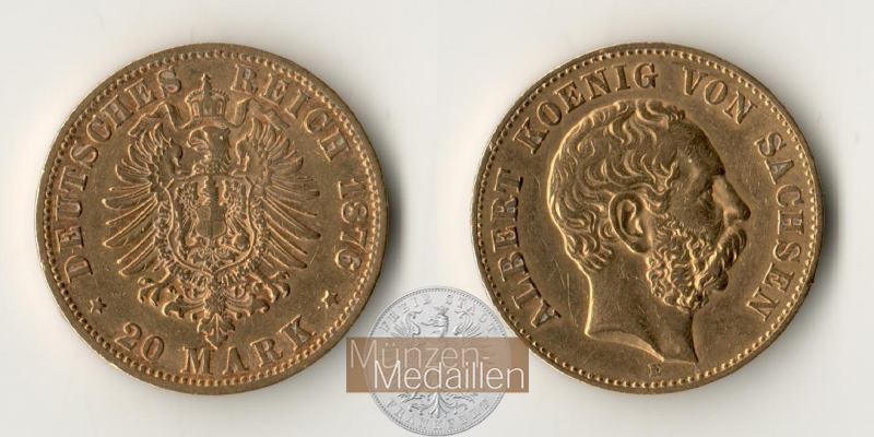 Sachsen, Kaiserreich  20 Mark MM-Frankfurt Feingold: 7,17g Albert 1873-1902 1876 E 