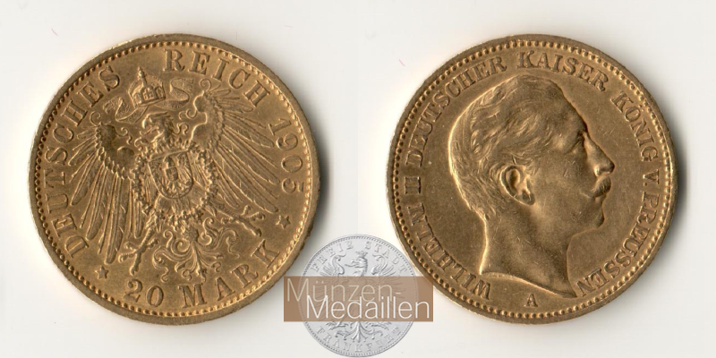 Dt. Kaiserreich. Preussen Wilhelm II. MM-Frankfurt Feingold: 7,17g 20 Mark 1905 A 
