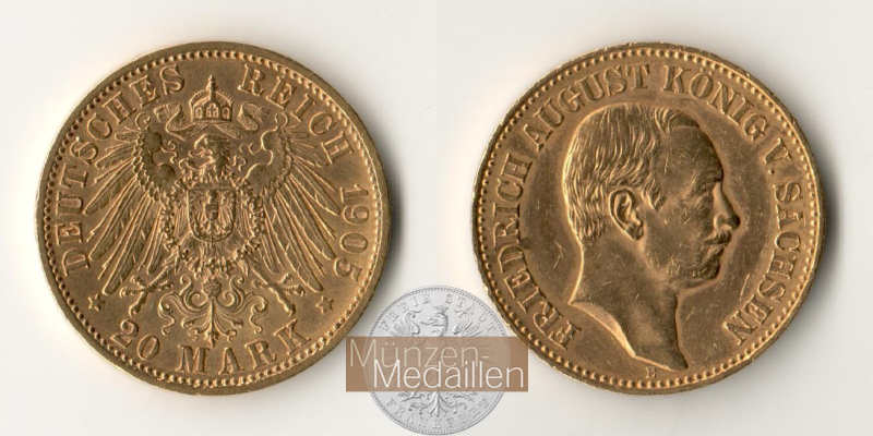 Sachsen, Kaiserreich  20 Mark MM-Frankfurt Feingold: 7,17g Friedrich August 1904 - 1918 1905 E 