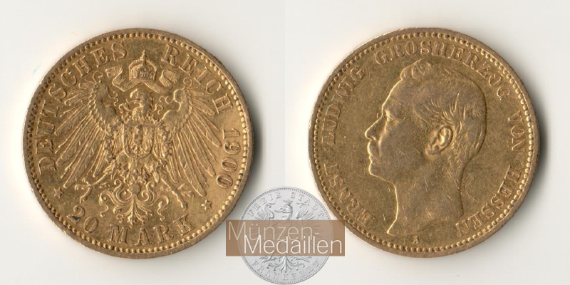 Hessen, 20 Mark MM-Frankfurt Feingold: 7,16g Grosherzog Ernst Ludwig 1900 A 