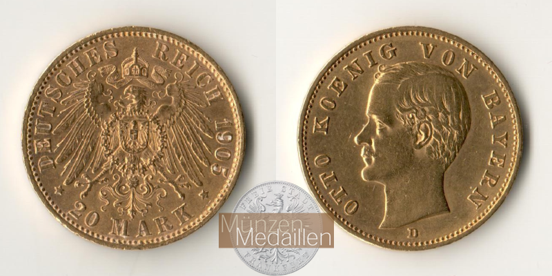 Deutsches Kaiserreich. Bayern, Otto. MM-Frankfurt Feingold: 7,17g 20 Mark 1905 D 