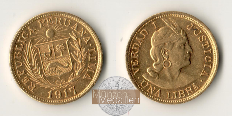  Peru 1 Libra 1917 (1898-1969) MM-Frankfurt KM#207 Feingold: 7,323g   