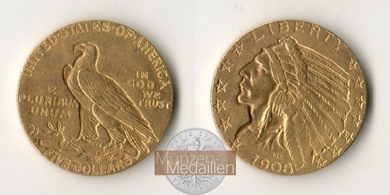  USA 5 Dollars (Coronet Head) 1907 (1866-1908) MM-Frankfurt KM#101 Feingold: 7,524g   