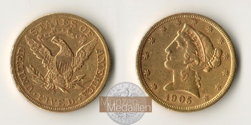 USA  5 Dollar MM-Frankfurt   Feingold: 7,52g Half Eagle 1905 