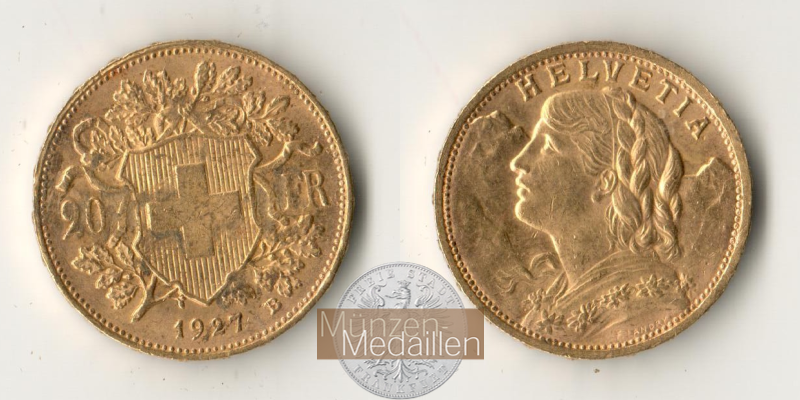 Schweiz  20sFR MM-Frankfurt Feingold: 5,81g Vreneli 1927 B 