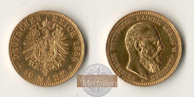 Deutsches Kaiserreich, Preussen. MM-Frankfurt Feingewicht: 3,58g Gold Wilhelm I. 1861-1888. 10 Mark 1888 A 