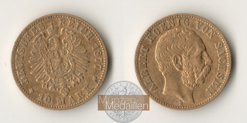 Deutsches Kaiserreich. Sachsen, Albert. MM-Frankfurt Feingewicht: 3,58g 10 Mark 1877 E sehr schön