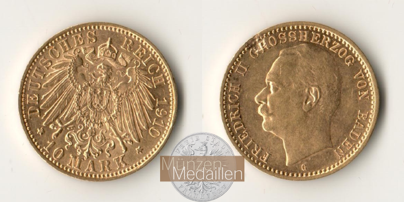 Dt. Kaiserreich, Baden 10 Mark MM-Frankfurt  Feingold: 3,59g Friedrich II. 1907-1918 1910 G 