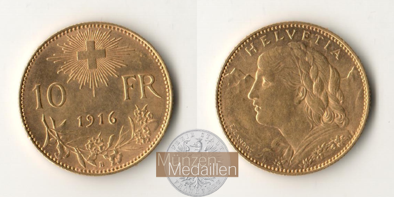 Schweiz  10 sFR MM-Frankfurt Feingold: 2,90g 1/2 Vreneli 1916 