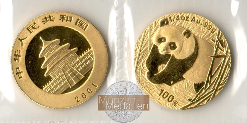 China, Volksrepublik.  100 Yuan MM-Frankfurt Feingold: 7.78g Panda 2001 