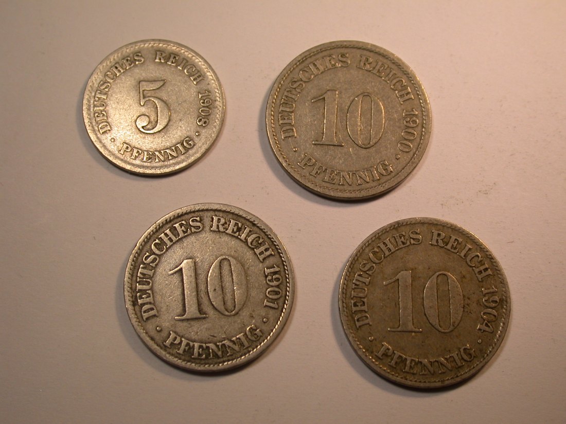 J29 KR 5 Pf. 1908A, 10 Pf 1900A,1901F,1904D 4 Münzen verschieden Originalbilder