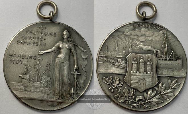  Deutschland, Hamburg 1909 16.Deutsches Bundesschiessen Medaille FM-Frankfurt   