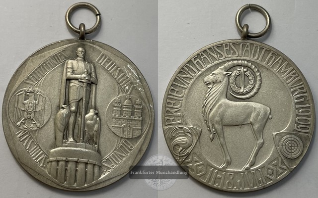  Deutschland, Hamburg 1909 Bismarck-Standbild 16.Deutsches Bundesschiessen Medaille FM-Frankfurt   
