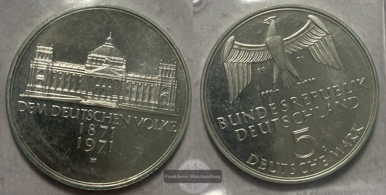  100 Jahre Deutsches Republik 1971 G 5 Mark J#409 FM-Frankfurt  Feinsilber:7gr   