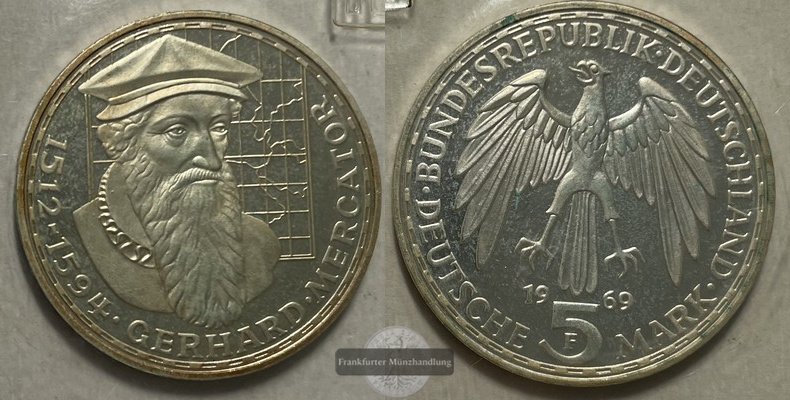  BRD  5 DM  1969 F Gerhard Mercator FM-Frankfurt KM#126 Feinsilber: 7g   