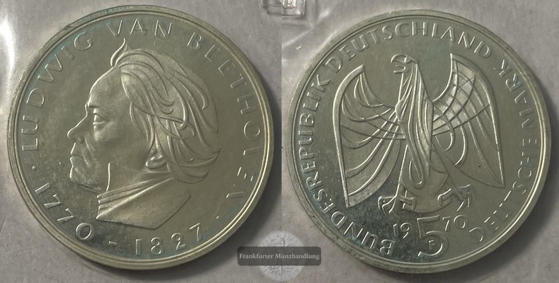  BRD  5 DM Gedenkmünze 1970 F Beethoven J#408 FM-Frankfurt  Feingewicht: 7g Silber   