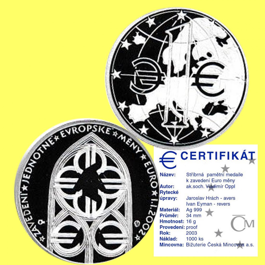  Offiz. 1-€-Silbermünze Tschechien *2002 Einführung des Euros* 2003 *PP*   