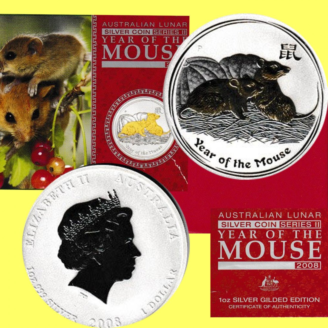  Australien 1$-Silbermünze *Jahr der Maus* 2008 1oz Silber 24kt vergold. nur 50.000St!   