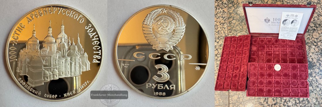  Russland(UdSSR) 3 Roubles (St. Sophia Cathedral) 1988 + Box FM-Frankfurt Y#210 Feinsilber: 31,1g   