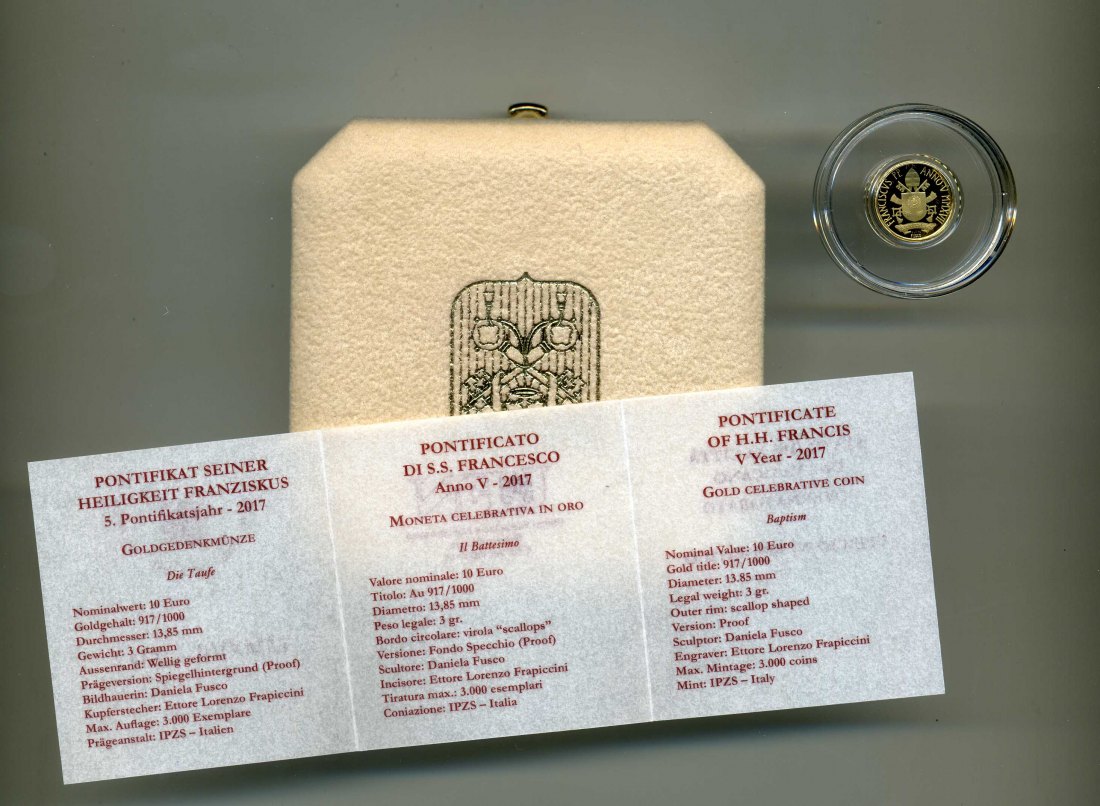 Vatikan 10 Euro 2017 Taufe Original Etui, Umverpackung + Kapsel+ Zertifikat 3 Gr. 917er Gold RAR   