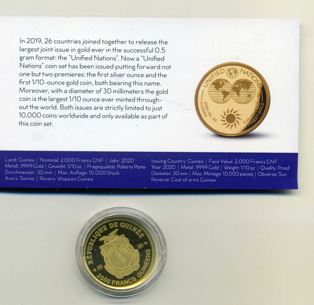  Guinea 2000 Francs 2020 Ver. Nationen Sonne 1/10 Unze Feingold Etui+Zert.Kapsel RAR   