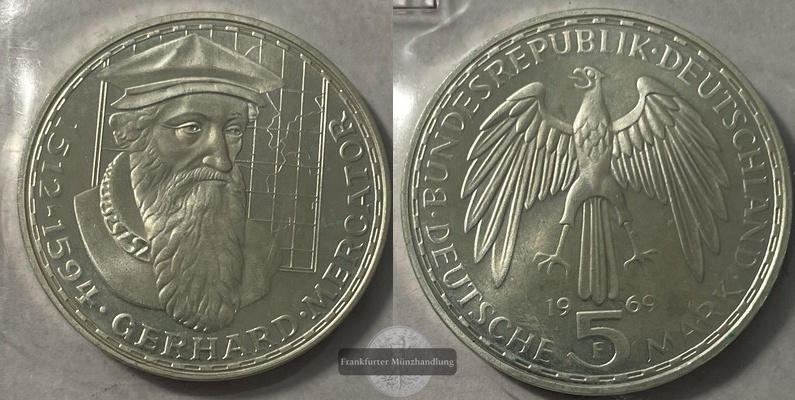  BRD  5 DM  1969 F Gerhard Mercator FM-Frankfurt KM#126 Feinsilber: 7g   