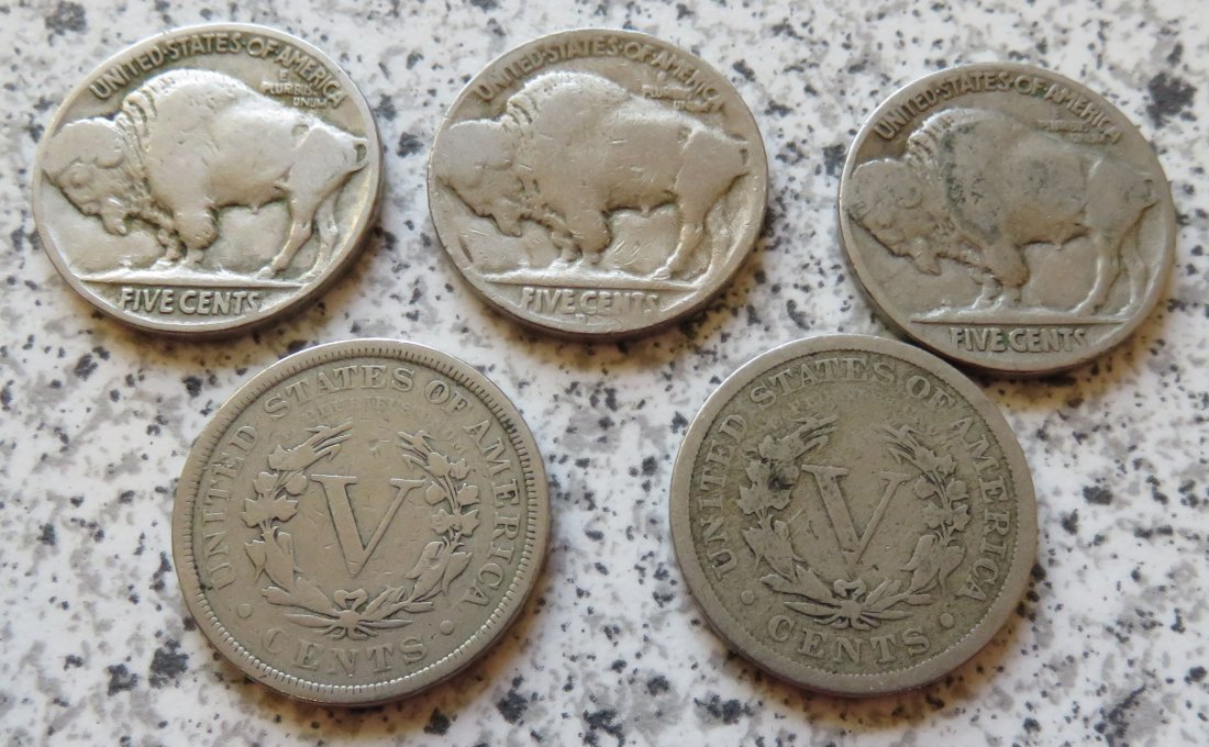  USA 5 verschiedene 5 Cents (5 verschiedene Nickels)   