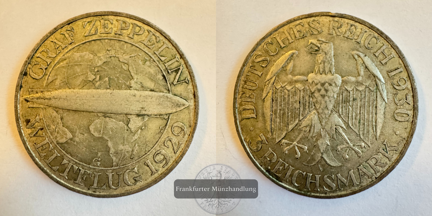  Dt. Reich 3 Reichsmark (Graf Zeppelin) 1930 FM-Frankfurt KM#67 Feinsilber: 7,5g   